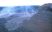 Aerial view of episode-50 vent and flows on southwest flank Pu`u`O`o, Kilauea Volcano, Hawai`i