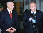 Secretary of State Colin Powell and Iraqi Prime Minister Allawi brief the news media, Jeddah, Saudi Arabia, July 29, 2004. State Dept. photo.