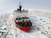 Thumbnail photograph of Healy in sea ice; click for larger version.