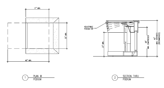 Plan and elevation drawings showing lectern specifications for forward approach access and an adjustable surface