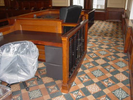 Judge’s bench in a new courtroom with a ramp