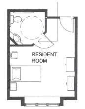 Plan view of a Heritage resident room with a bathroom in a corner;  out-swinging bathroom door is oriented at 45 degrees to the resident room