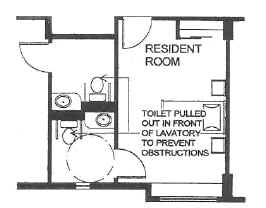 Plan view of resident room with a toilet room that has a toilet and sink on one wall.  The wall behind the toilet is furred out.  A note states "Toilet pulled out in front of lavatory to prevent obstructions. 