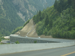 A soil nail and mechanically stabilized earth (MSE) wall next to a road in Provo Canyon, Utah.