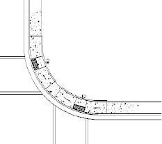 CAD drawing of paired parallel curb ramps on radius in narrow sidewalk at 30-foot radius corner.