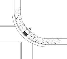 CAD drawing of single parallel curb ramp in narrow sidewalk at 30-foot radius corner with full corner landing; APS locations indicated.
