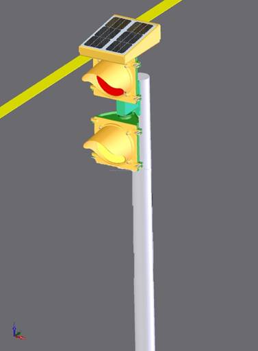 Figure 11.  Computer generated image.  Two-lens solar powered pedestrian crossing signal.  This photo illustrates the design concept of a pedestrian activated two-lens signal.  The top lens is red, and below is a yellow lens.  A small solar panel sits atop the pole.