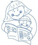 Childlike drawing of a mother holding and reading to a small child.