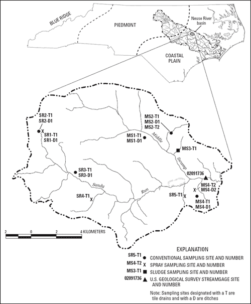 Map showing location of Middle Swamp watershed in North Carolina