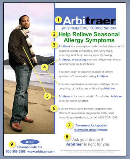 Graphic image of product claim sample advertisement with a picture of a man on a beach and the following text. Arbitraer (misvastatium) 100mg tablets. Help Relieve Seasonal Allergy Symptoms. Arbitraer is a prescription medicine that helps control seasonal allergy symptoms, like runny nose, sneezing, and itchy, watery eyes. By taking Arbitraer, once a day you can relieve your allergy symptoms for up to 24 hours. You may begin to experience relief of allergy symptoms 2 hours after taking Arbitraer. You may experience headaches, cold symptoms, coughing, or backaches while using Arbitraer. Arbitraer is for use in adults 18 and older. Arbitraer is not for use in children. See reverse for important information about Arbitraer. Ask your doctor if Arbitraer is right for you. This advertisement is entirely fictional — no connection between "Arbitraer (misvastatium)" and any real company or product is intended, expressed, or implied.