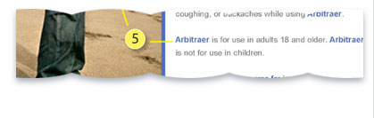 Graphic referring to critique item 5. Arbitraer is for use in adults 18 and older. Arbitraer is not for use in children. And there is a graphic arrow pointing to the graphic of the man on the beach.