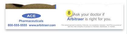 Graphic referring to critique item 8. Ace logo Pharmaceuticals 800-555-5555 www.arbitraer.com