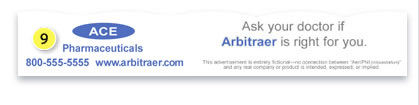 Graphic referring to critique item 8. Ace logo Pharmaceuticals 800-555-5555 www.arbitraer.com
