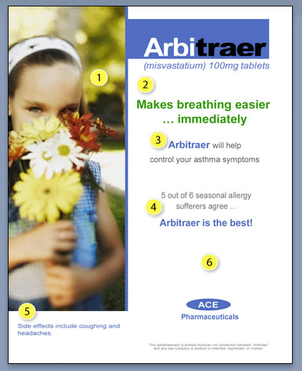 Graphic image of incorrect product claim sample advertisement with a picture of a young girl with her face sniffing a handful of flowers with the following text.