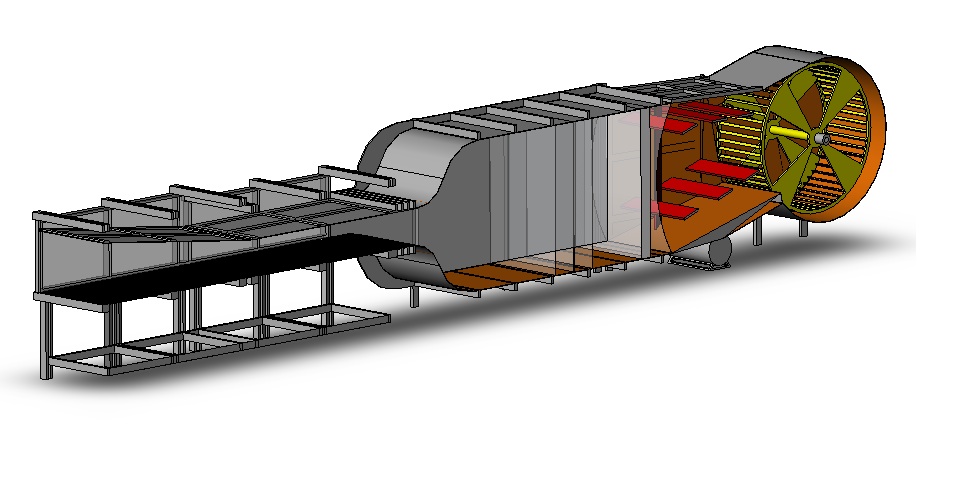 At the National Soil Tilth Laboratory in Ames, Iowa, a low-speed wind tunnel was designed and built to determine the effects of farm buildings and surrounding landscapes on agricultural emissions. Drawing by Jadon Kool.