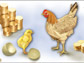 Picture of chick and chicken with large and small stack of coins.