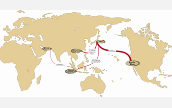 Map showing connection between PERN/PERN2 point in Pakistan and TEIN landing point in Singapore.