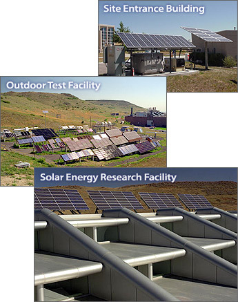 A montage of three photos. The first photo is labeled 'Site Entrance Building' and shows two blue solar panels tilted toward the sun on ground-mounted stands, with electronic equipment under one of them. The second photo is labeled 'Outdoor Test Facility' and shows a large number of solar panels of various shapes, sizes, and colors, mounted on an array of racks on a grassy plot of land somewhat smaller than a football field. The third photo is labeled 'Solar Energy Research Facility' and shows four blue solar panels tilted toward the sun and mounted on top of a futuristic-looking silver building consisting of deep shelves arranged like many side-by-side stairs, with walls running between them like handrails.