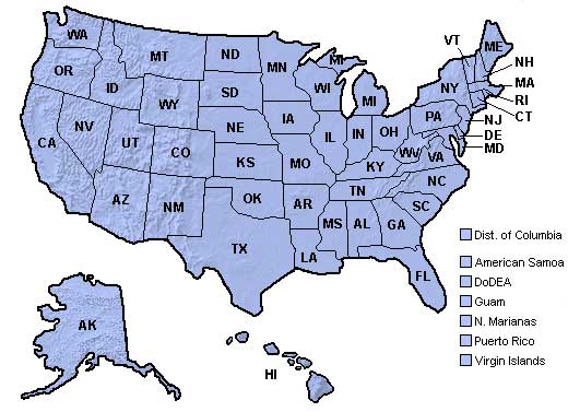 Map of the US and jurisdictions participating in state NAEP