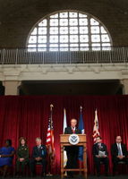 U.S. Secretary of Interior Dirk Kempthorne addressed the new U.S. citizens during the Ellis Island Naturalization Ceremony.
