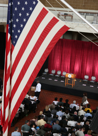 "Old Glory" hung high over the Ellis Island Naturalization Ceremony.