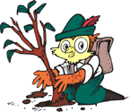 Graphic of Woodsy Owl kneeling and planting a tree