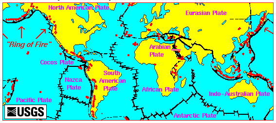 Map, Plate Tectonics, Sea-Floor Spreading, Hot Spots, and the Ring of Fire