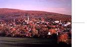 Panoramic view of a small town with a field in the foreground and mountains in the background.  The steeple of a church is visible above the roofs and the tops of the trees.