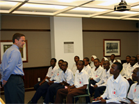 In Tanzania, the Thomas Pickering Information Resource Center worked closely with the PEPFAR team to organize an outreach program to the ‘Stay Alive’ Club from Kinondoni Muslim Secondary School.  On December 4, 2007, approximately 40 students watched a screening of the HIV documentary ‘Scenarios from Africa.’  Following the movie, Ambassador Green spoke to the students about leadership.  The Ambassador commended them for taking the initiative of coming to the Embassy to view the film and hoped they learned from it.  He encouraged the students to learn more about the disease and educate their peers through their club.  Ambassador Green also explained how the U.S. Government is working in partnership with the Tanzanian Government to combat HIV/AIDS. Photo by Tanzania PEPFAR team