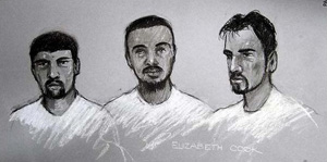 Artist's impression of (left to right) Arafat Waheed Khan, Umar Islam and Ahmed Abdullah Ali, three of the men allegedly involved in a plot to blow up airliners.