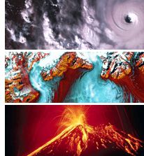 Collage showing a hurricane, landsat image, and volcano.