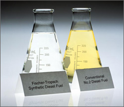 Photo comparing fischer-tropsch fuel and diesel fuel.