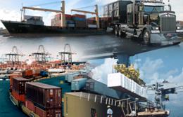 A collage of images: tractor trailer, barge, containers on a train, and containers being removed from a barge