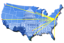 Photo of a map of the US with the US Capitol in its backgroung and lines representing airplane routes from the major cities in the US.