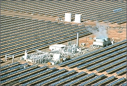 A photo of an aerial view of a power plant in the middle of a solar field with rows and rows of parabolic troughs tracking. The cooling towers can be seen with the water plume rising into the air. The white water tanks can be seen in the background.