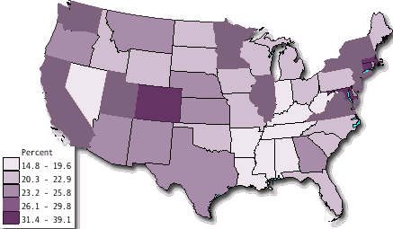 Percent of Persons 25 Years and Over with Bachelor's Degree or Higher: Census 2000 map.