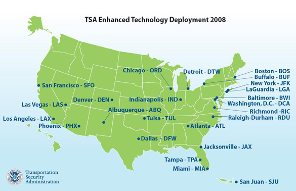 Photo of the US map with the location of the airports that have deployed the advanced technology