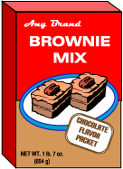 A box clearly marked Any Brand Brownie Mix, with Net Quantity of Contents statement at the bottom. Artwork showing brownies on a plate is in the center.