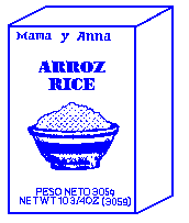 Graphic of a box in which label statements appear in both English and a foreign language. The examples given are "Rice" and "Arroz" and "PESO NETO 305g" and "Net Wt 305g".