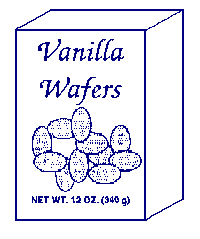 A sample box using "Vanilla Wafers" as the statement of identity, also showing pictures of cookies and the net quantity of contents statement.