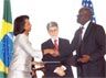 Date: 03/13/2008 Description: Secretary of State Condoleezza Rice and Brazilian Secretary for the Promotion of Racial Equality Edson Santos agree to Joint Action Plan as Brazilian Foreign Minister Celso Amorim looks on. State Dept Photo
