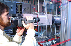 Photo of infrared imaging that quickly scans a liquid desiccant prototype to evaluate air and desiccant flow uniformity