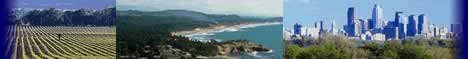 Photo collage of field, coastline, and city skyline