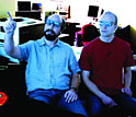 Photo of 2 researchers wearing 3-D glasses.