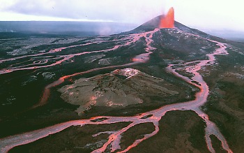 Lava fountain and lava flows on Pu`u `O`o, Kilauea Volcano