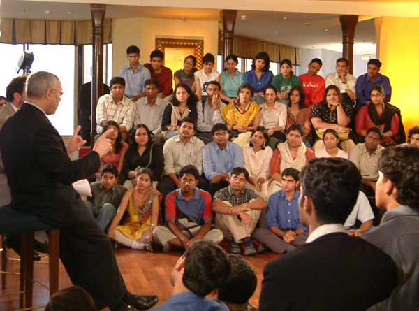 Secretary Powell speaking to college students in event organized by NDTV, with Dr. Prannoy Roy as Moderator.  Photo by Miriam Caravella. 