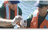 Picture of hydrologists collecting water samples. 
