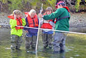 Pictures of young kids finding out how to measure streamflow. 