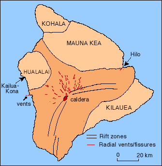 Simplified map of the prominent vents on Mauna Loa, including the summit caldera, rift zones, and radial vents