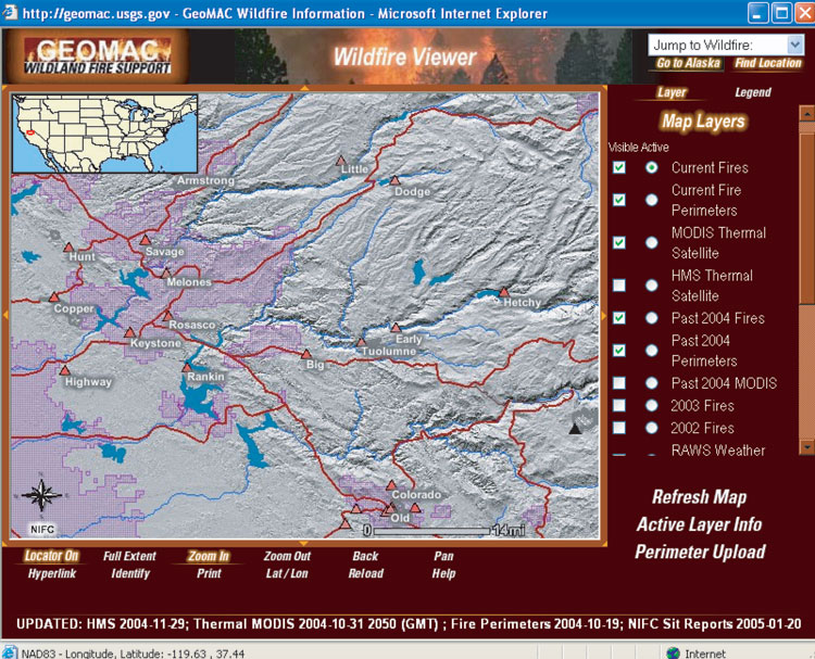 The GeoMAC Web site and mapping application customizes the dissemination mode and type of information supplied to both the general public and to firefighting practitioners.